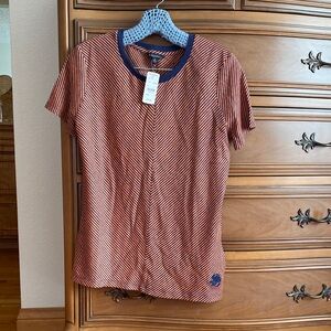 Brooks Brothers Red and White Diagonal Stripe Tee with Navy Trim